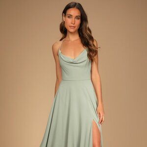 Lulus Romantically Speaking Sage Green Cowl Lace-up Maxi Dress - Size M